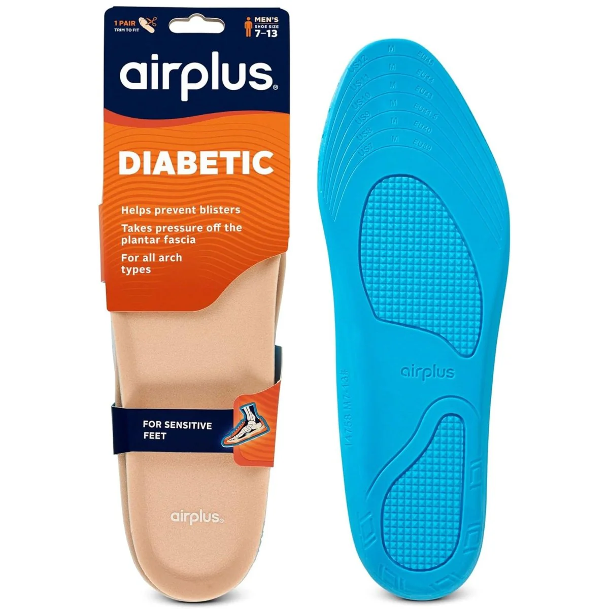 Airplus Diabetic Insoles for Sensitive Feet, Men's 7-13, 1 Pair