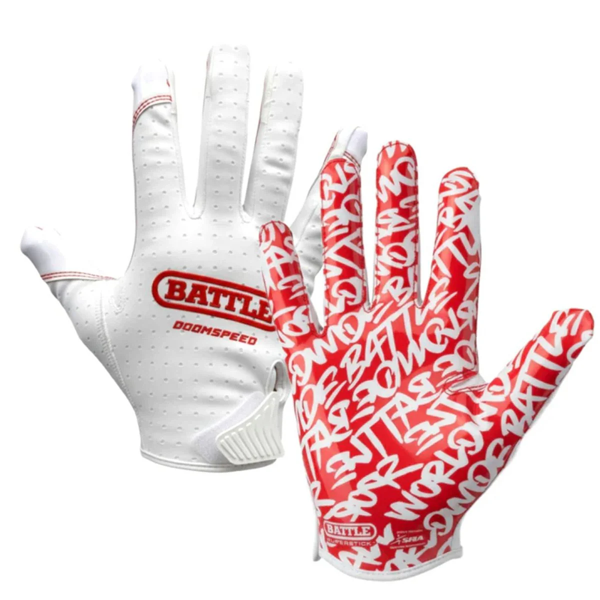 Battle Sports Adult "Lux" Doom Speed Receiver Football Gloves, White/Red
