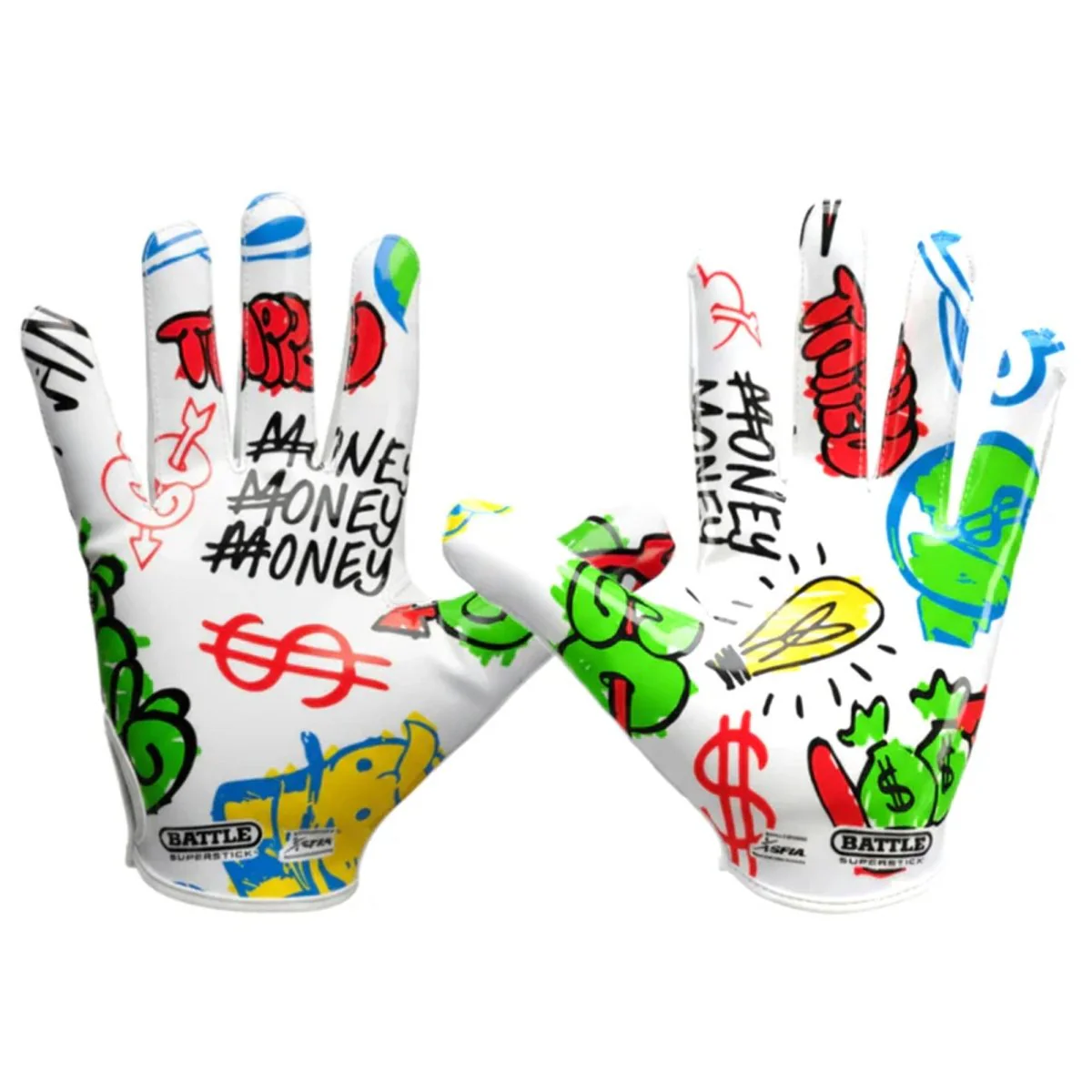 Battle Sports Adult "Monopoly Street Art" Doom Speed Receiver Football Gloves, White