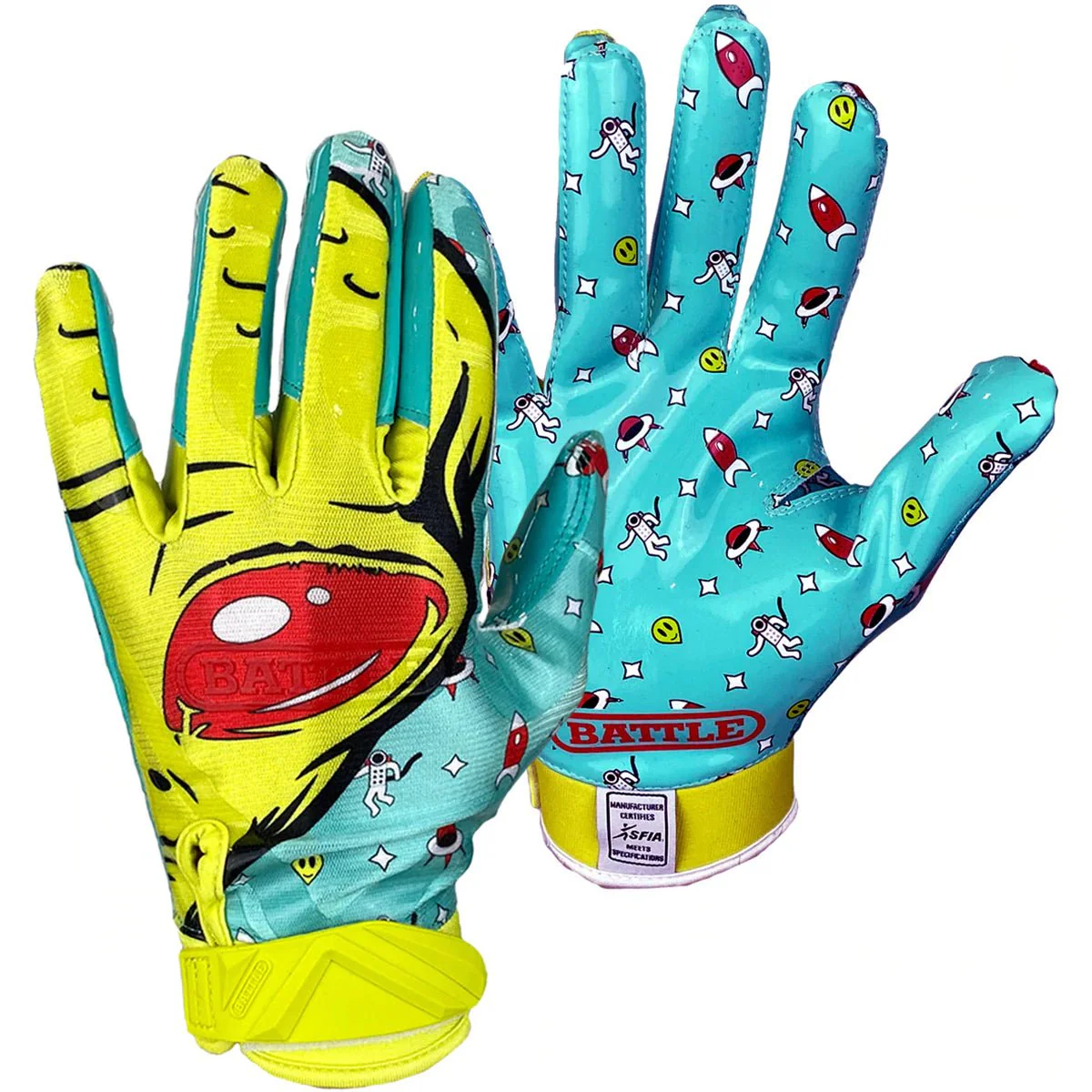 Battle Sports Alien Cloaked Youth Football Gloves - Turqouoise/Green - Image 2