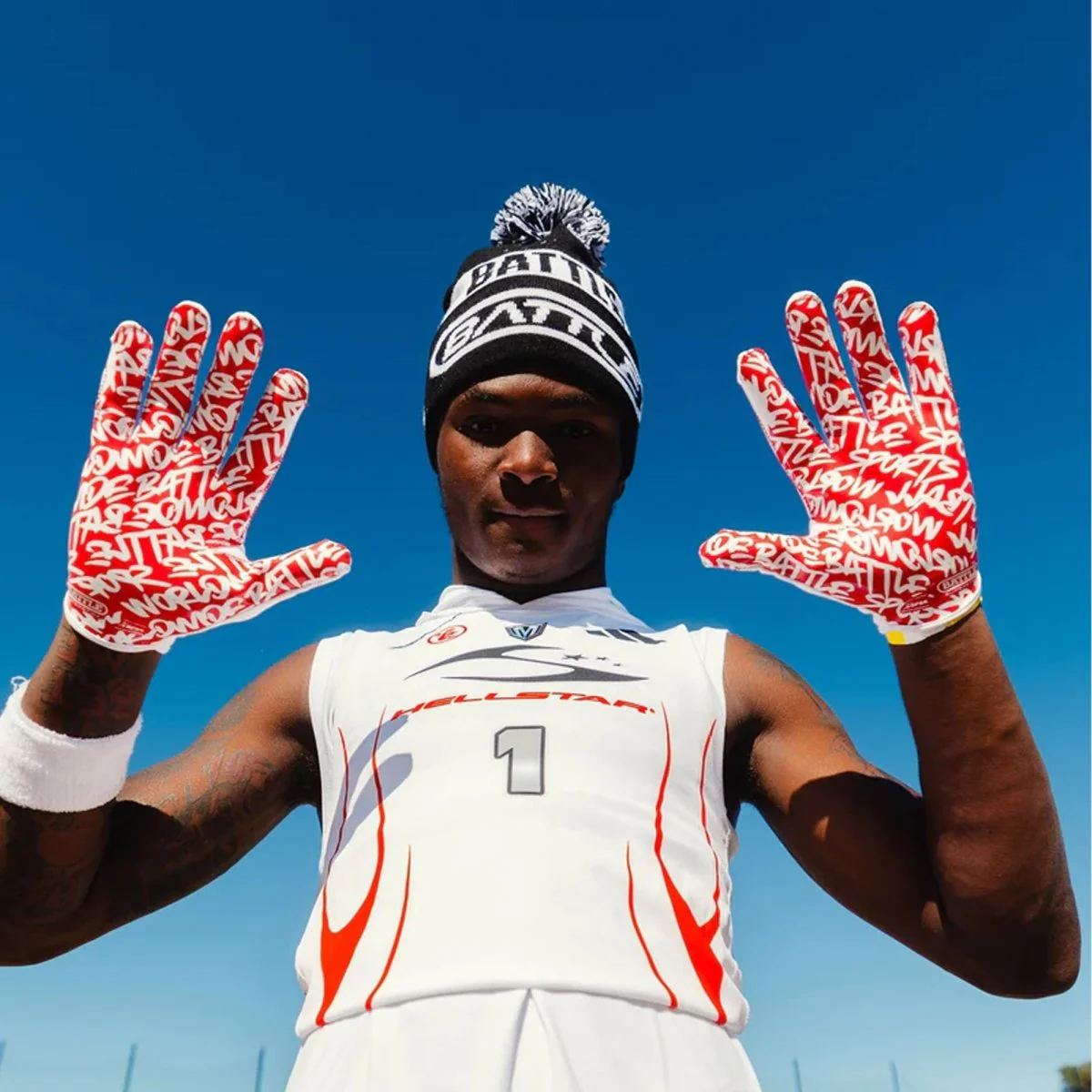 Battle Sports Youth "Lux" Doom Speed Receiver Football Gloves, White/Red - Image 2