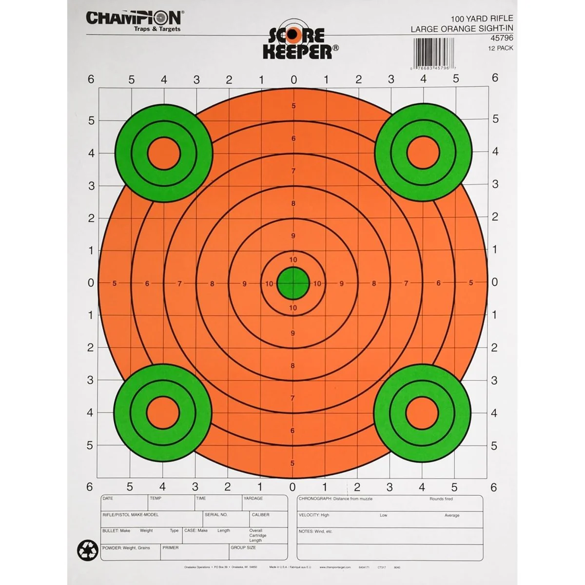 Champion Score Keeper Bull Targets 12-Pack, 100 Yd Rifle Sight-In- Orange/Green