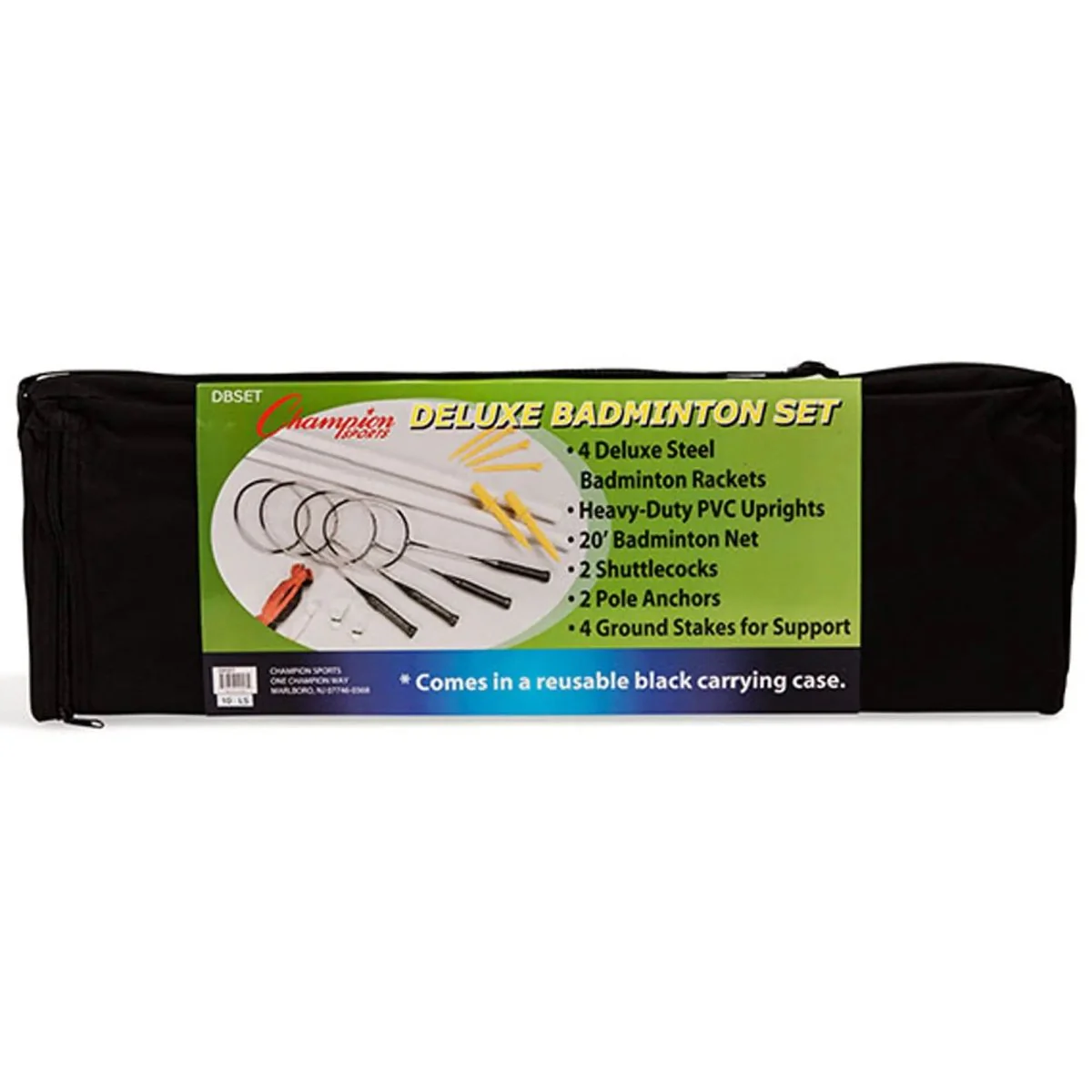 Champion Sports Deluxe Badminton Set Includes 20' Net, 2 Shuttlecocks, 4 Rackets, 2 Pole Anchors, 4 Ground Stakes, and 1 Carrying Case. - Image 3