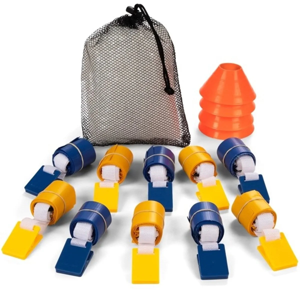 Champion Sports Deluxe Flag Football Set - 5 Blue/ 5 Yellow Flag Belts,4 Orange Disc Cones and  Mesh Carrying Bag - Image 2
