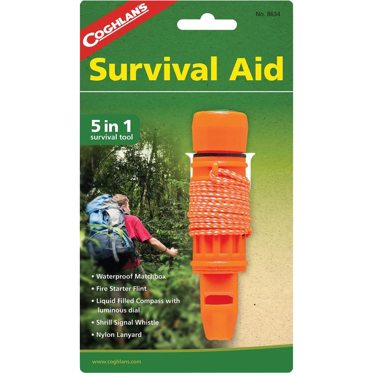 Coghlan's 5-in-1 Survival Aid, Fire Starter Flint Tool, Compass Whistle, Lanyard
