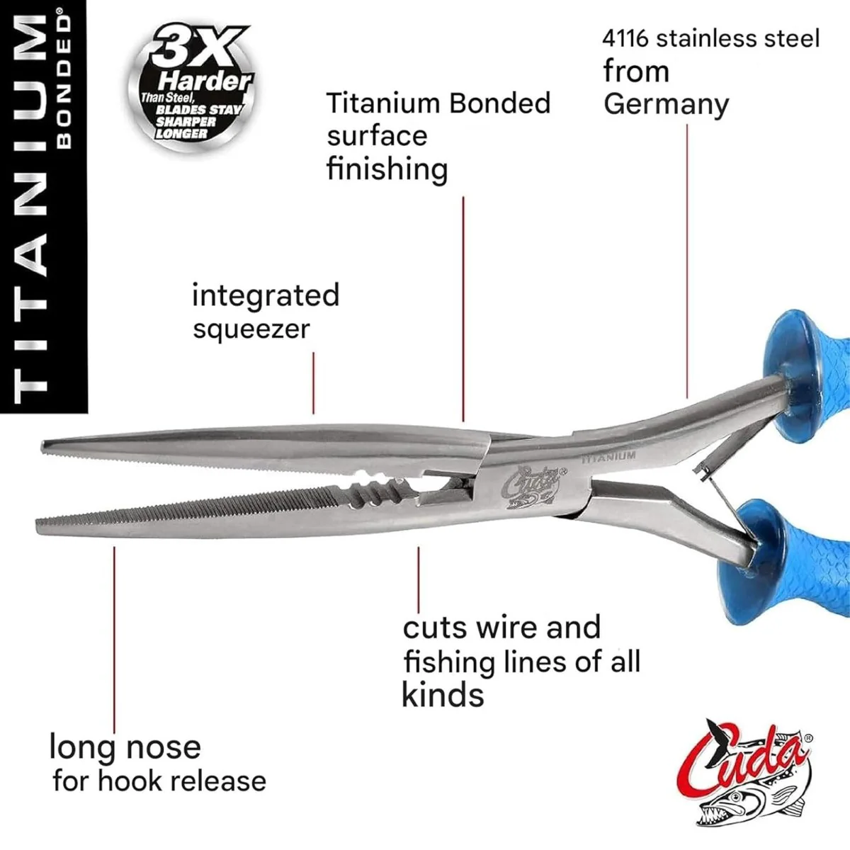 Cuda 10.25" Stainless Steel Freshwater Long Needle Nose Pliers Titanium Bonded - Image 3