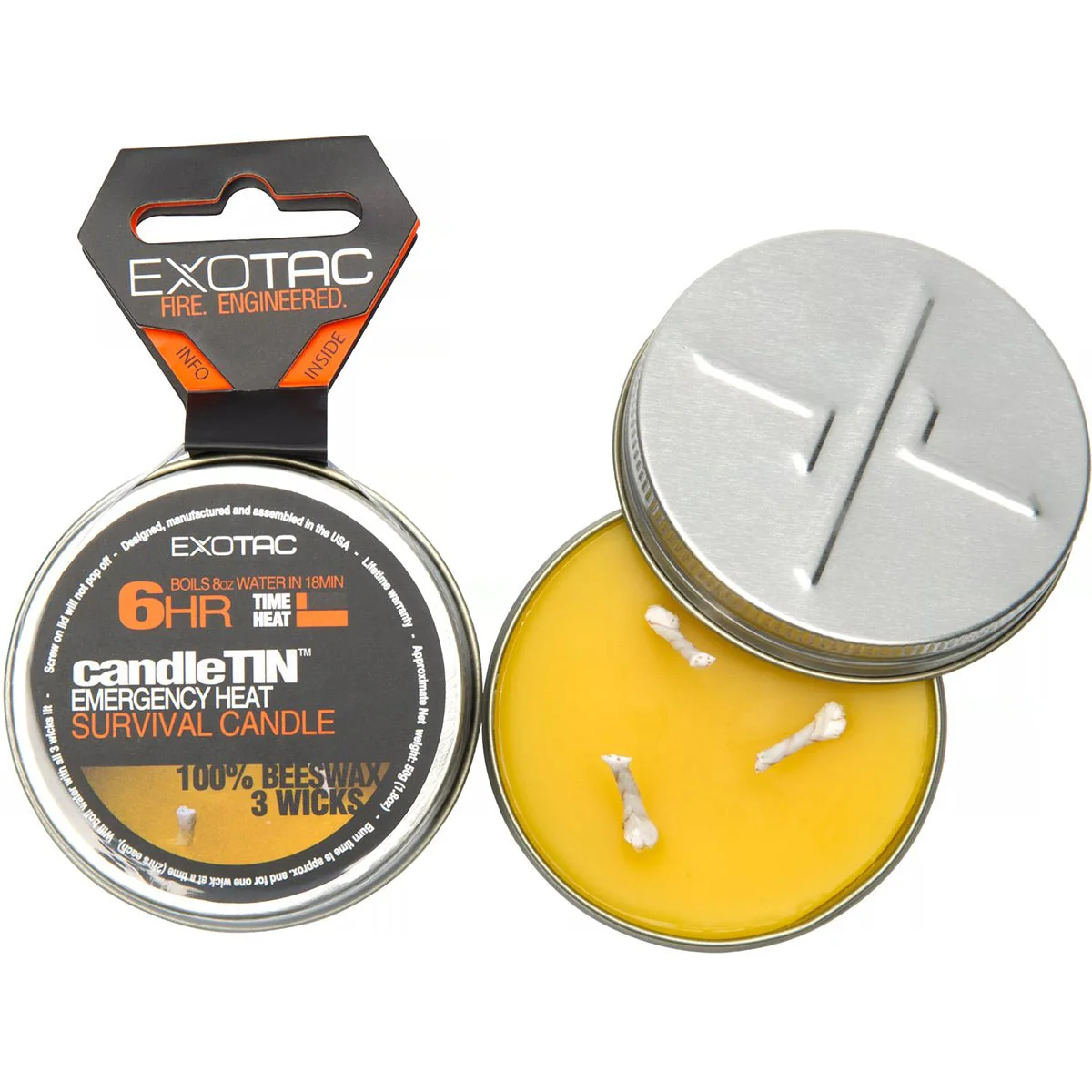 Exotac CandleTIN Hot Burn 3-Wick Emergency Survival Candle - Silver