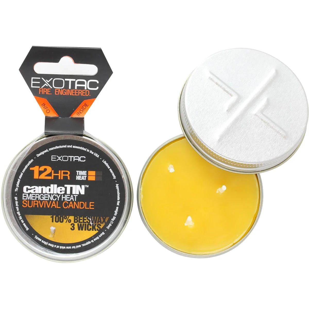Exotac CandleTIN Slow Burn 3-Wick Emergency Survival Candle - Silver
