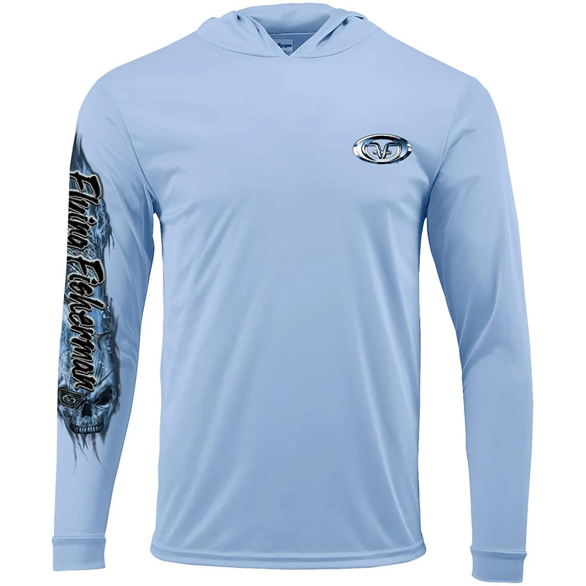 Flying Fisherman Pirate Skull Performance Pullover Hoodie - Blue Mist - Image 2