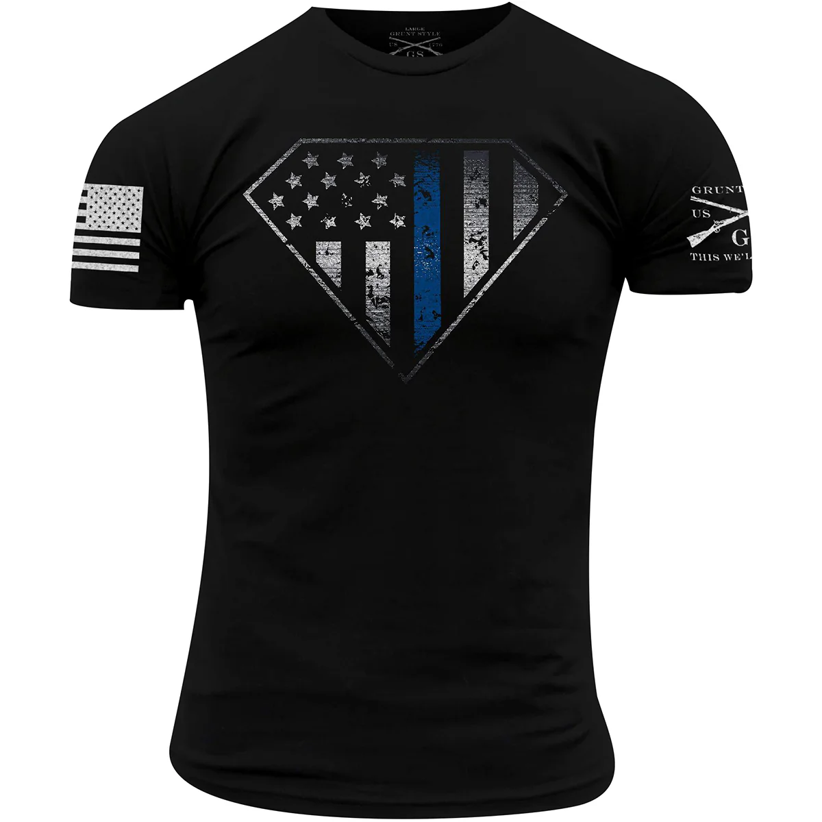 Grunt Style Blue Line Crest T-Shirt - Black