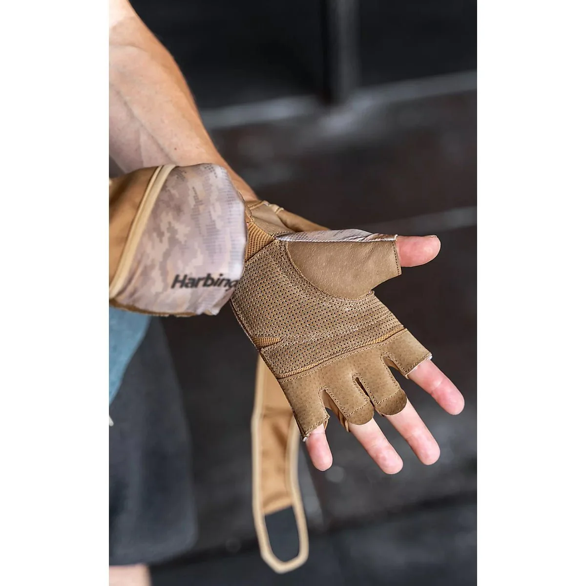 Harbinger Unisex Pro Wrist Wrap Weight Lifting Gloves - Tan Camo - Image 3