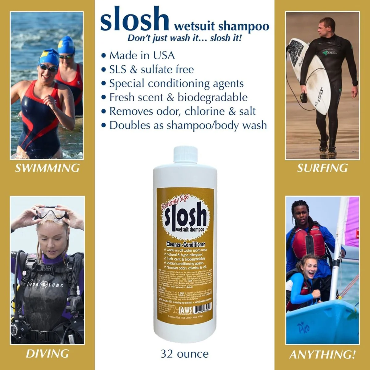 JAWS 32 oz. Slosh Wetsuit Shampoo for Water Sports and Gear - Image 3