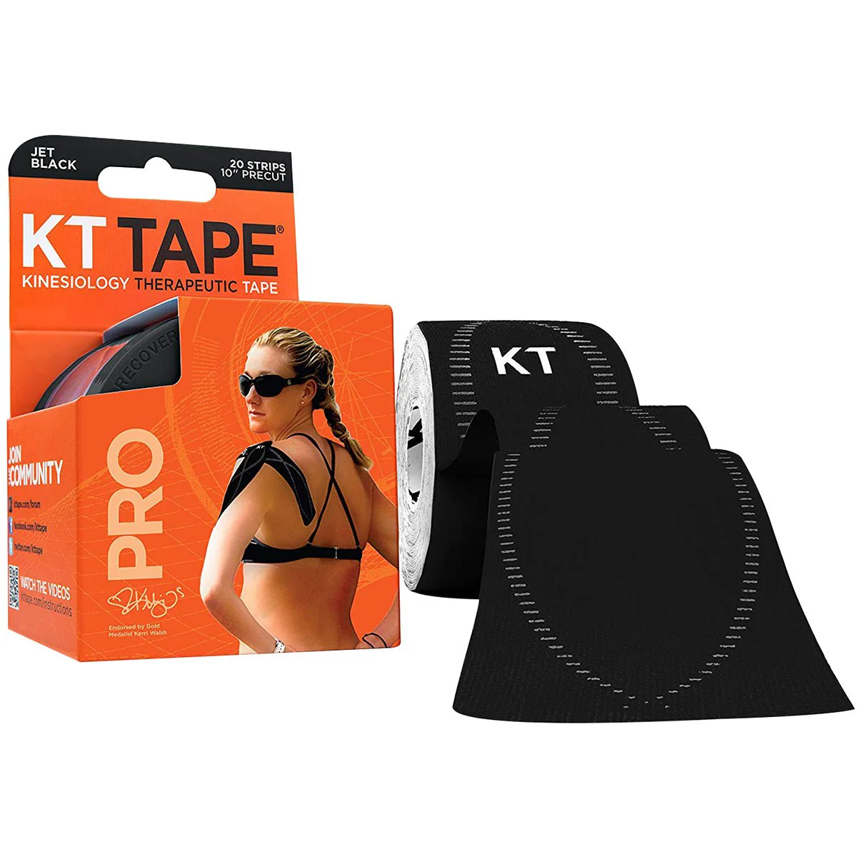 KT Tape Pro 10" Precut Kinesiology Elastic Sports Roll - 20 Strips - Black