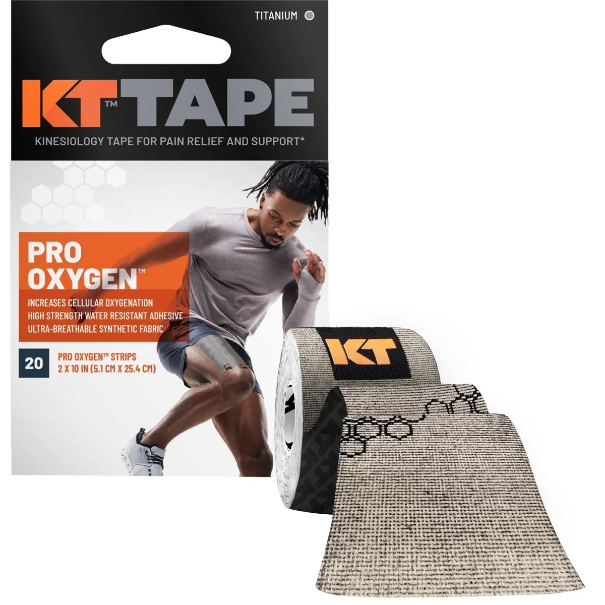 KT Tape Pro Oxygen 10" Precut Kinesiology Sports Roll - 20 Strips - Titanium