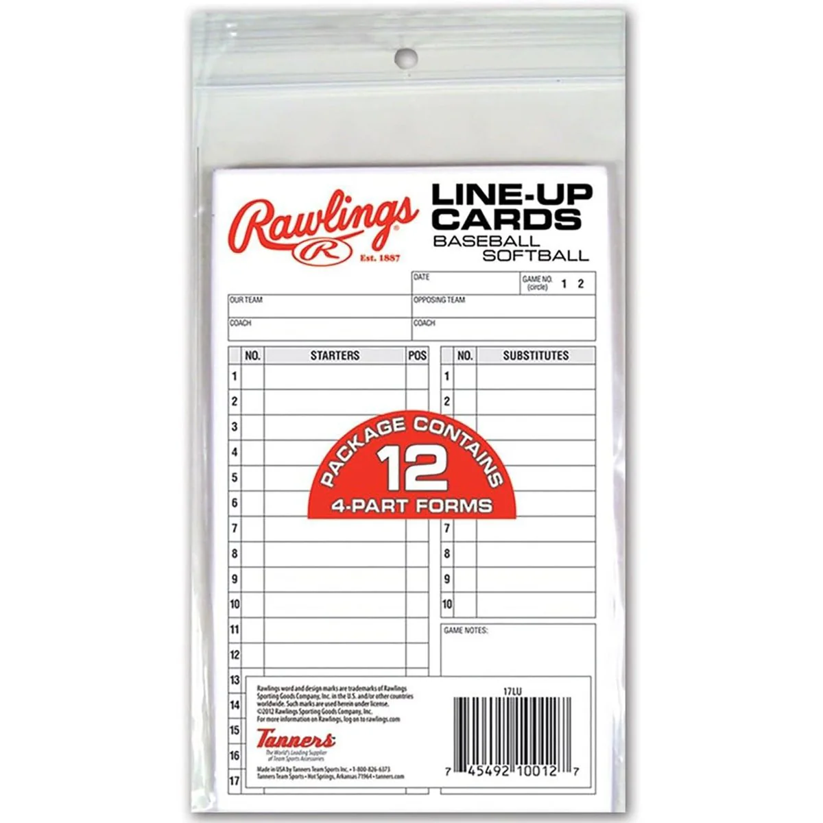 Rawlings System-17 Baseball/Softball Line-Up Cards - 12-Pack