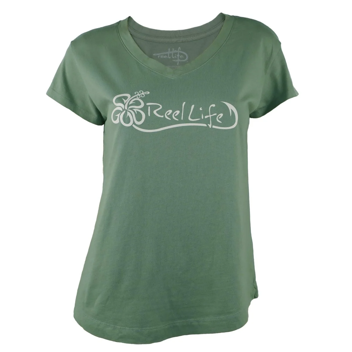 Reel Life Women's Ocean Washed Hibiscus Hook V-Neck T-Shirt - Lily Pad