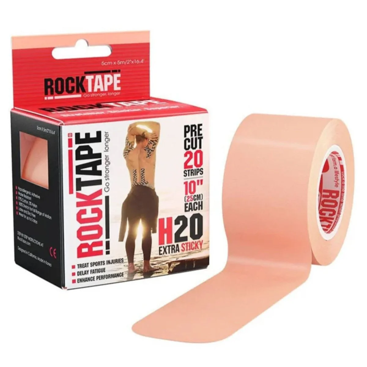 RockTape Pre-Cut Extra-Sticky Beige Tape, Twenty 10" Strips