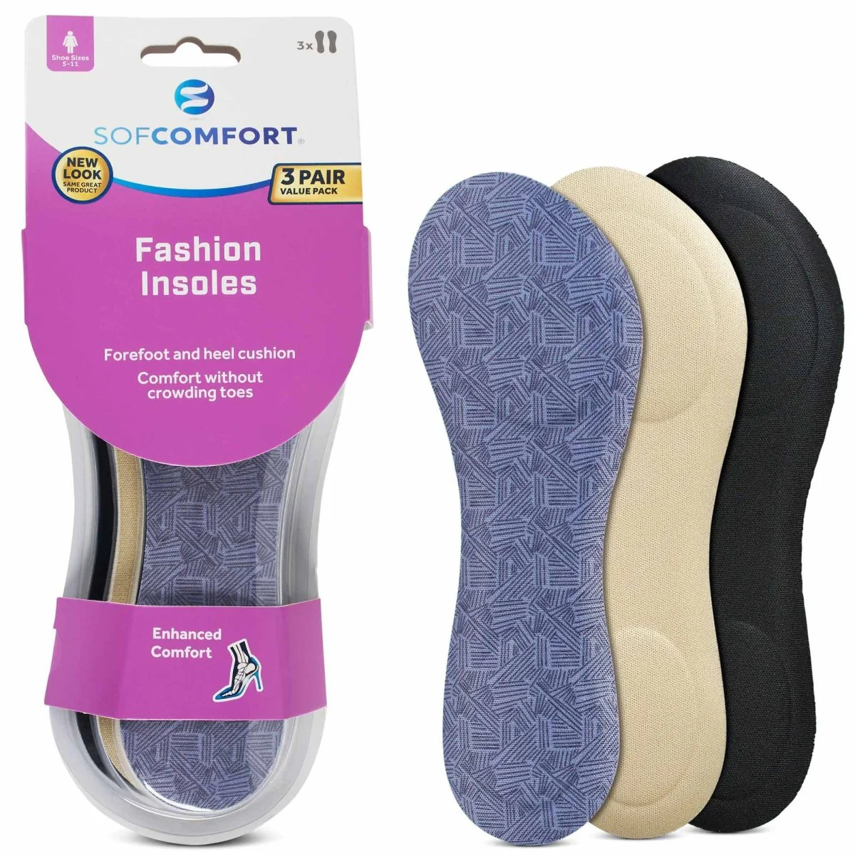 Sof Comfort Fashion Foam Insole 3-Pack Women's 5-11, 3/4 Length