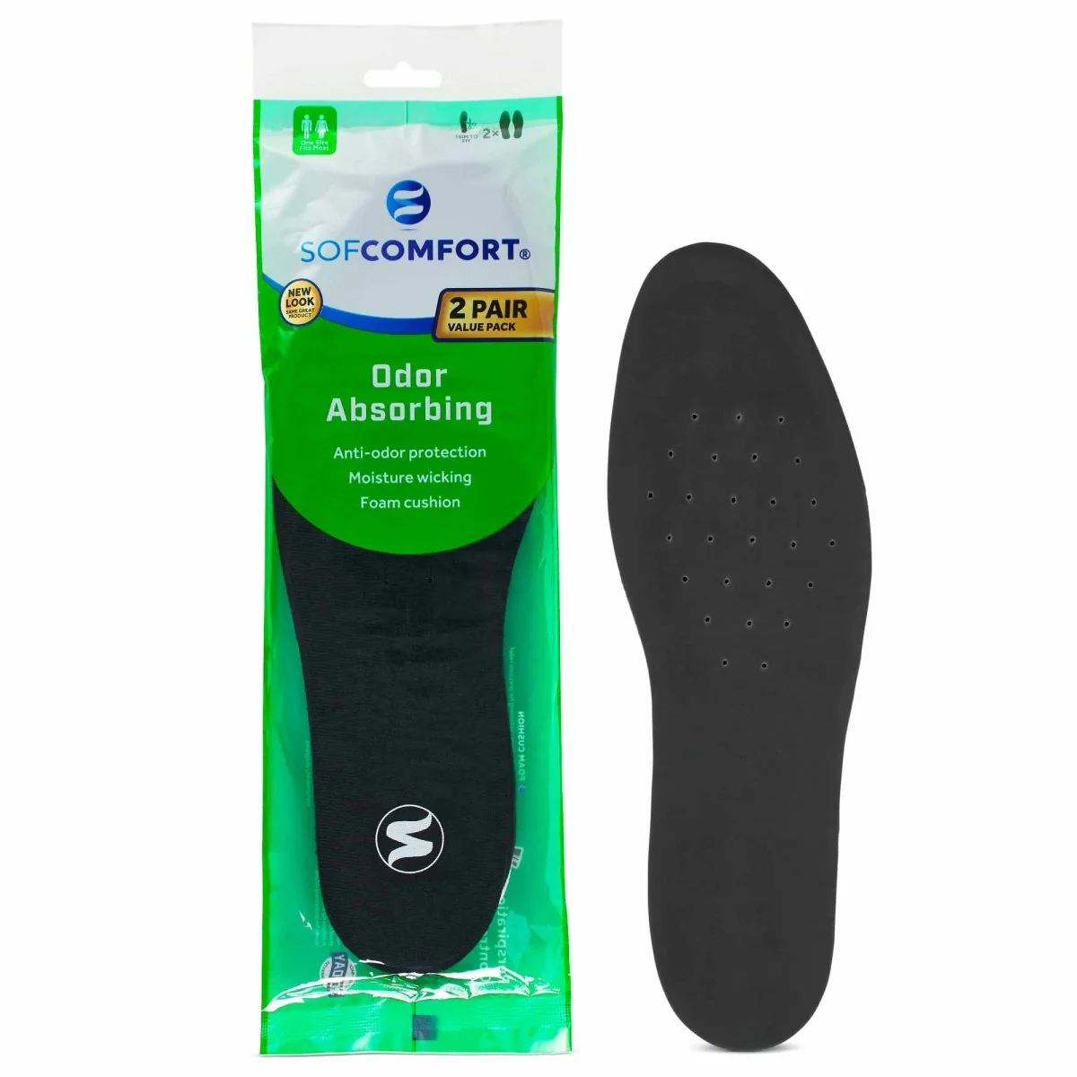 Sof Comfort Odor Absorbing Insole 2-Pack, Unisex, One Size Fits Most, Trim-to-Fit