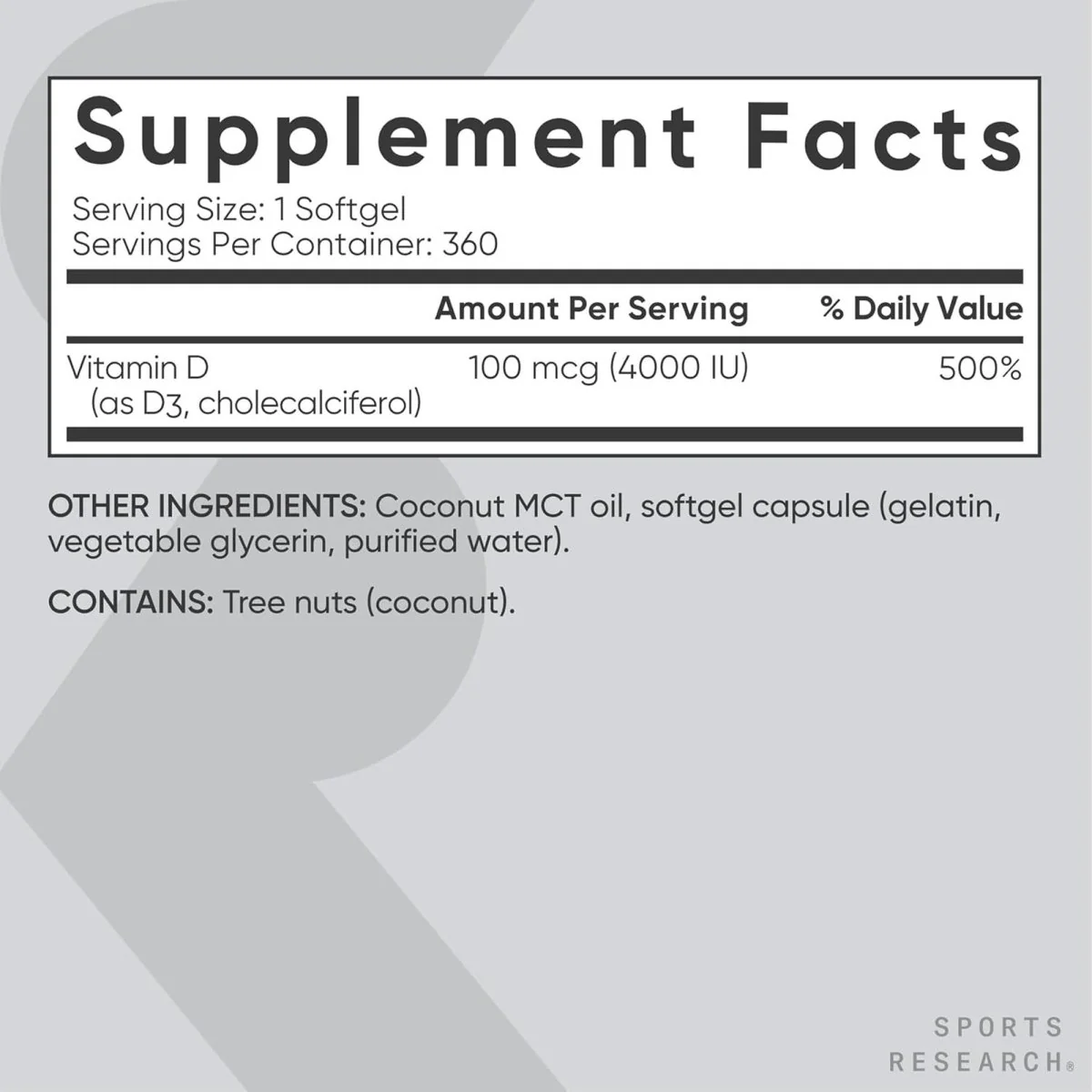 Sports Research Vitamin D3 WIth Coconut MCT Oil, 4000iu, 360 Softgels - Image 3