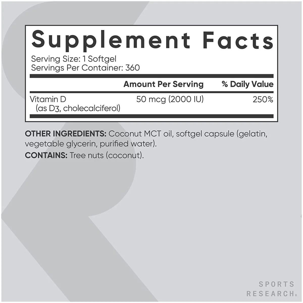 Sports Research Vitamin D3 with Coconut MCT Oil Dietary Supplement- 360 Softgels - Image 2