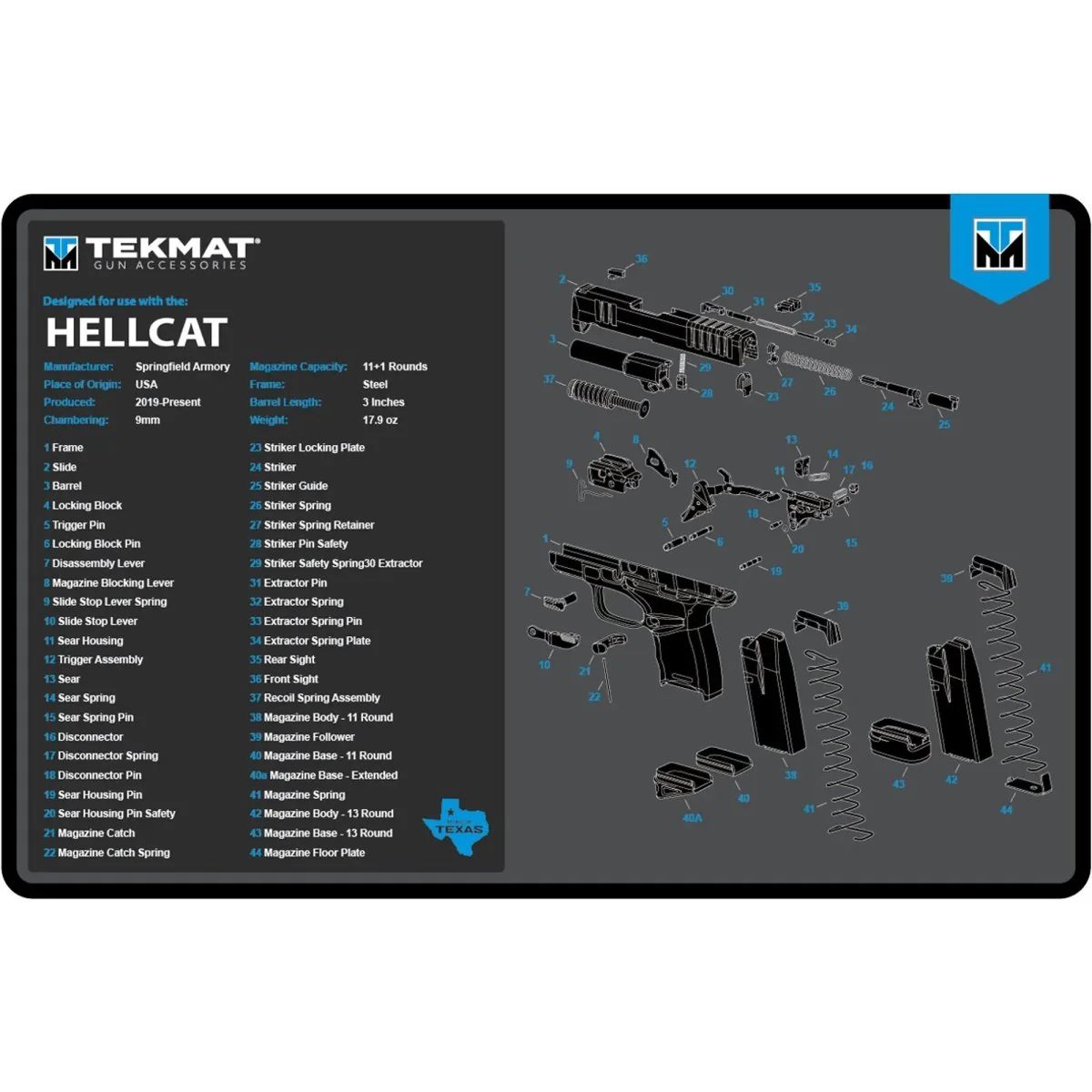 TekMat Original Gun Cleaning Mat - 17" X 11" - Springfield Armory Hellcat - Blue