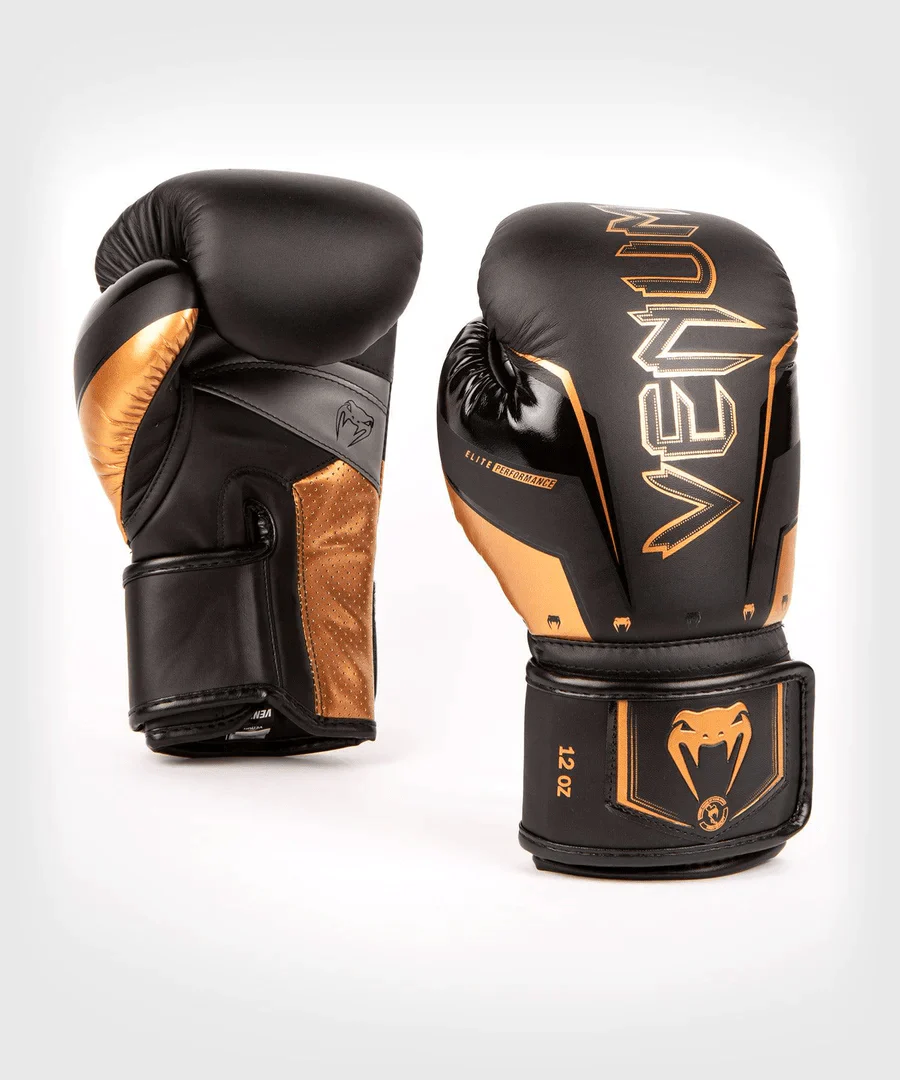 Venum Elite Evo Hook and Loop Boxing Gloves - Black/Bronze - Image 2