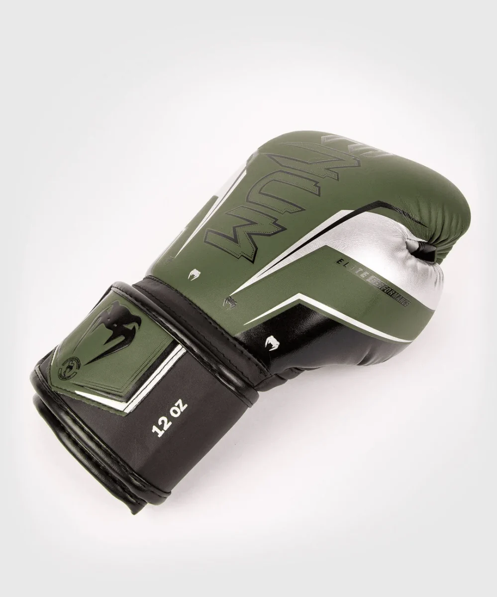 Venum Elite Evo Hook and Loop Boxing Gloves - Khaki/Silver - Image 4
