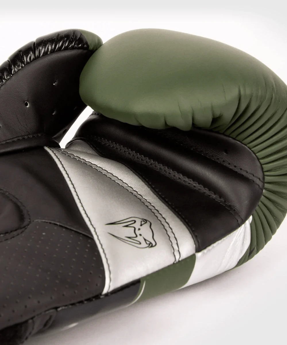 Venum Elite Evo Hook and Loop Boxing Gloves - Khaki/Silver - Image 5