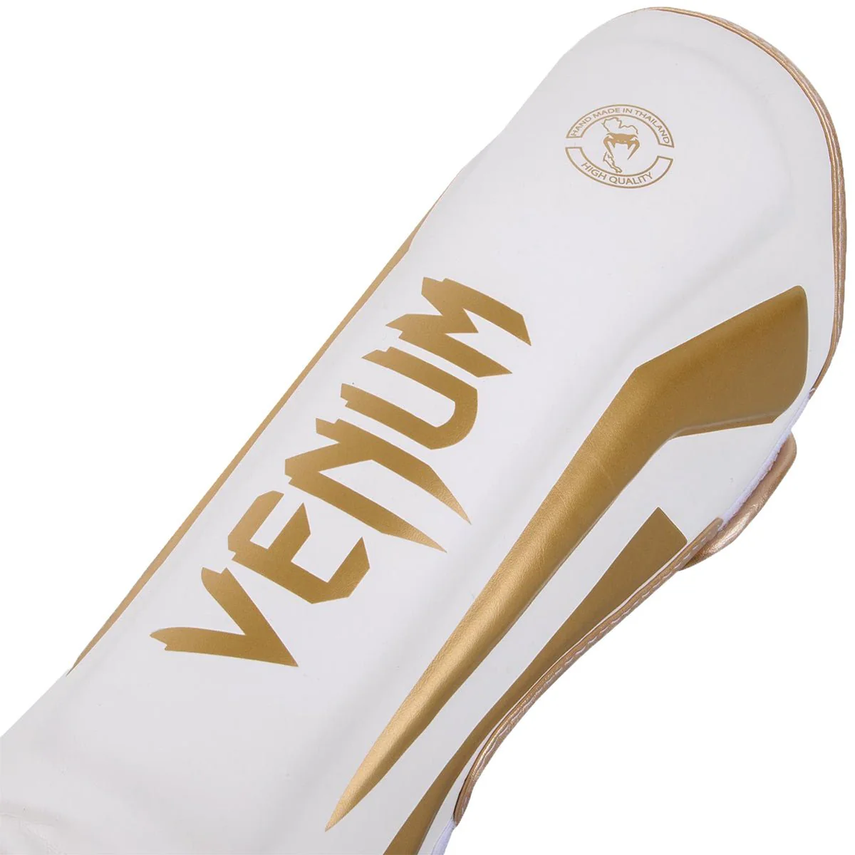 Venum Elite Lightweight Hook and Loop Shin Guards - White/Gold - Image 2